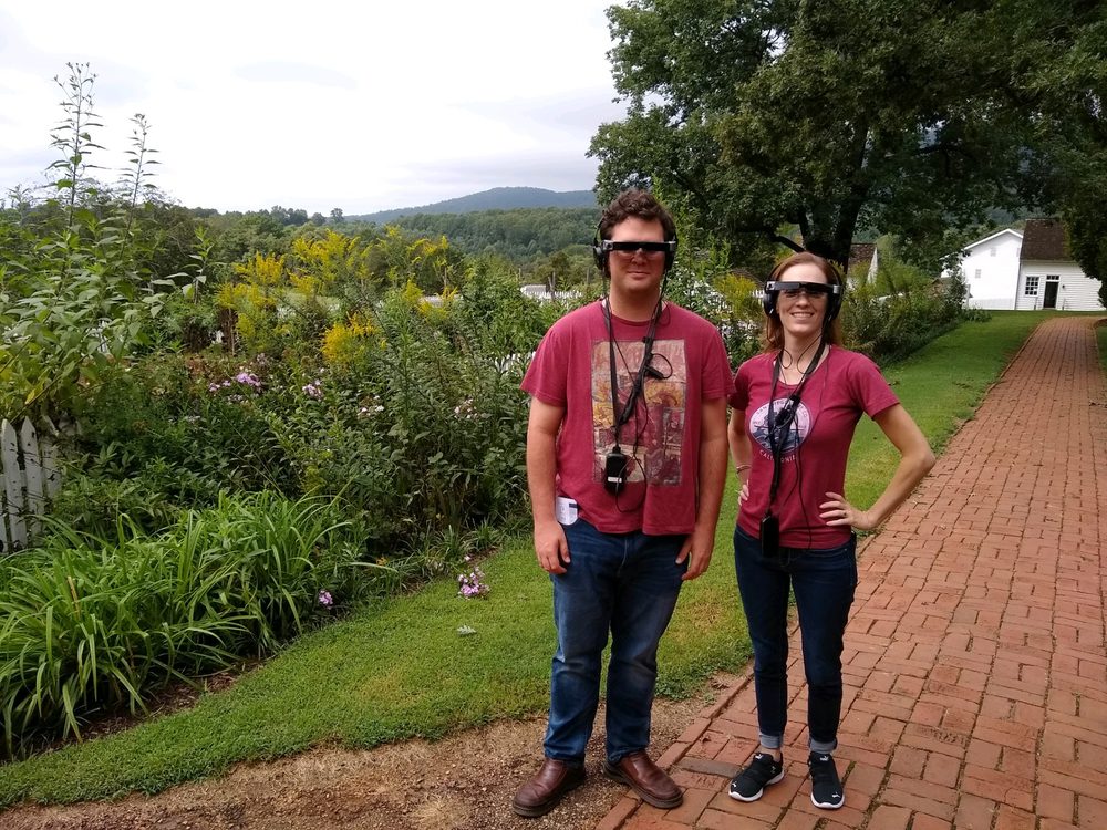 A visitor wearing smartglasses on the Mount Vernon AR tour
