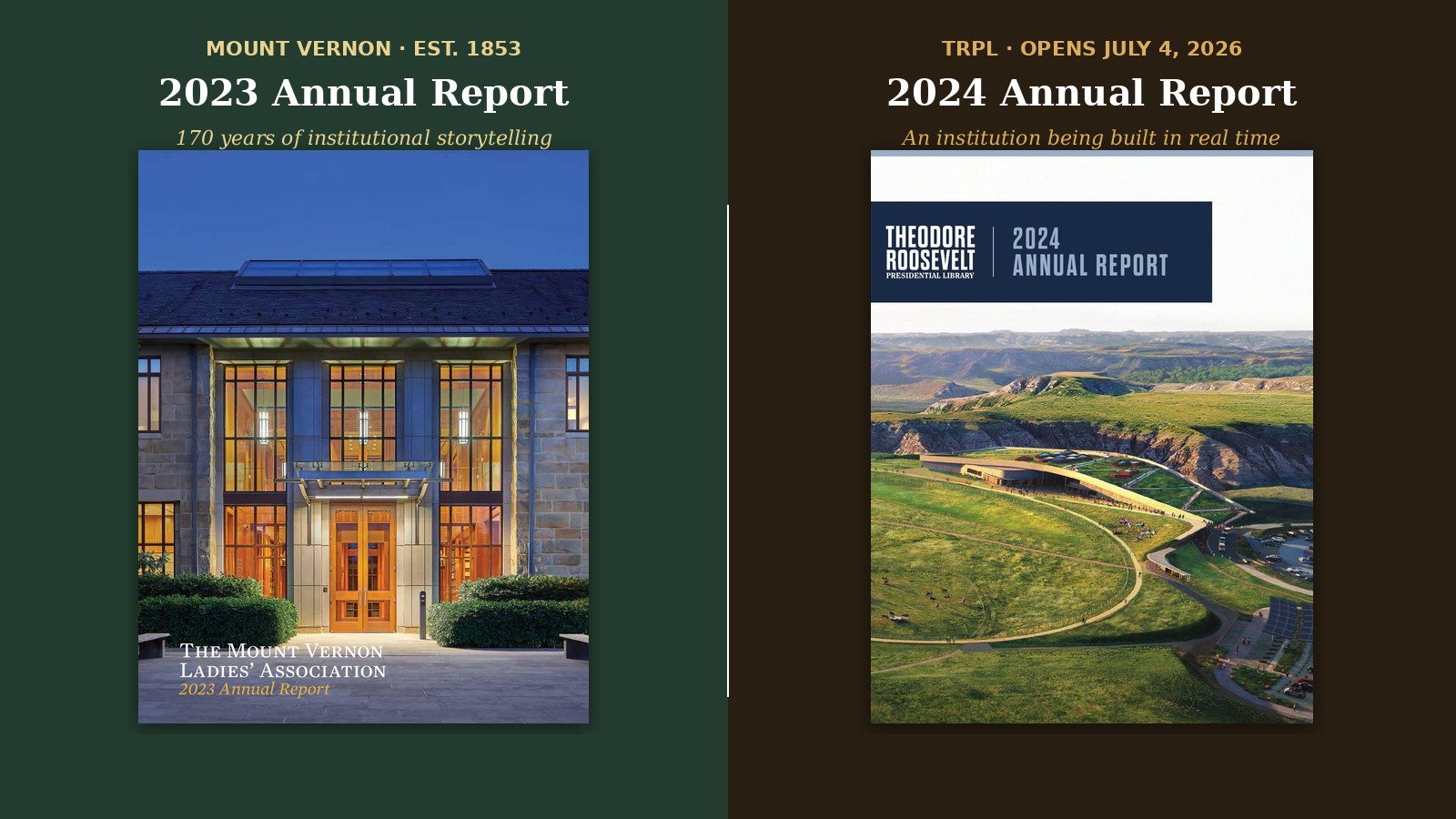Mount Vernon 2023 + TRPL 2024 annual report covers side by side