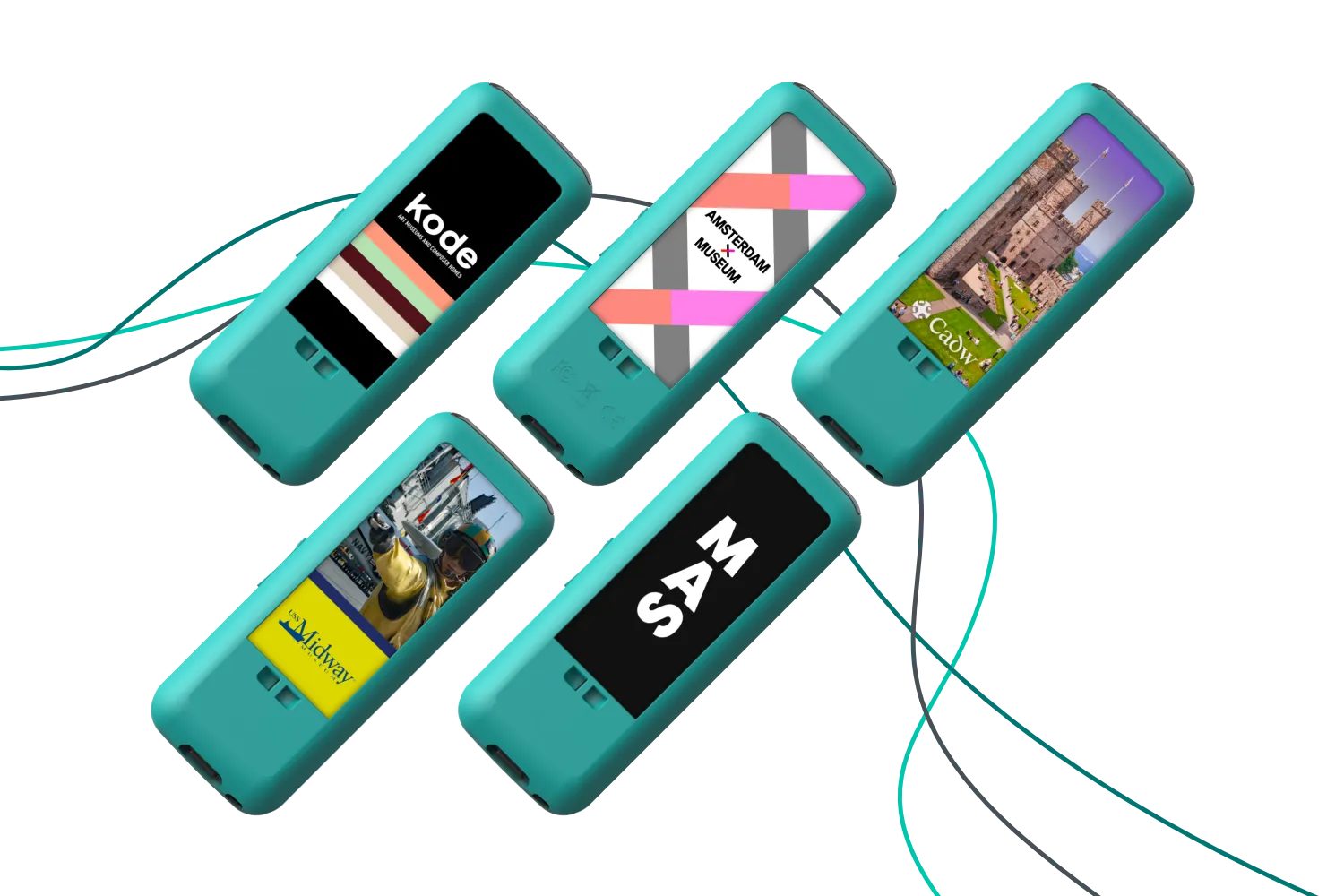 A spread of Guide ID Podcatcher Pro devices showing different museum branding skins