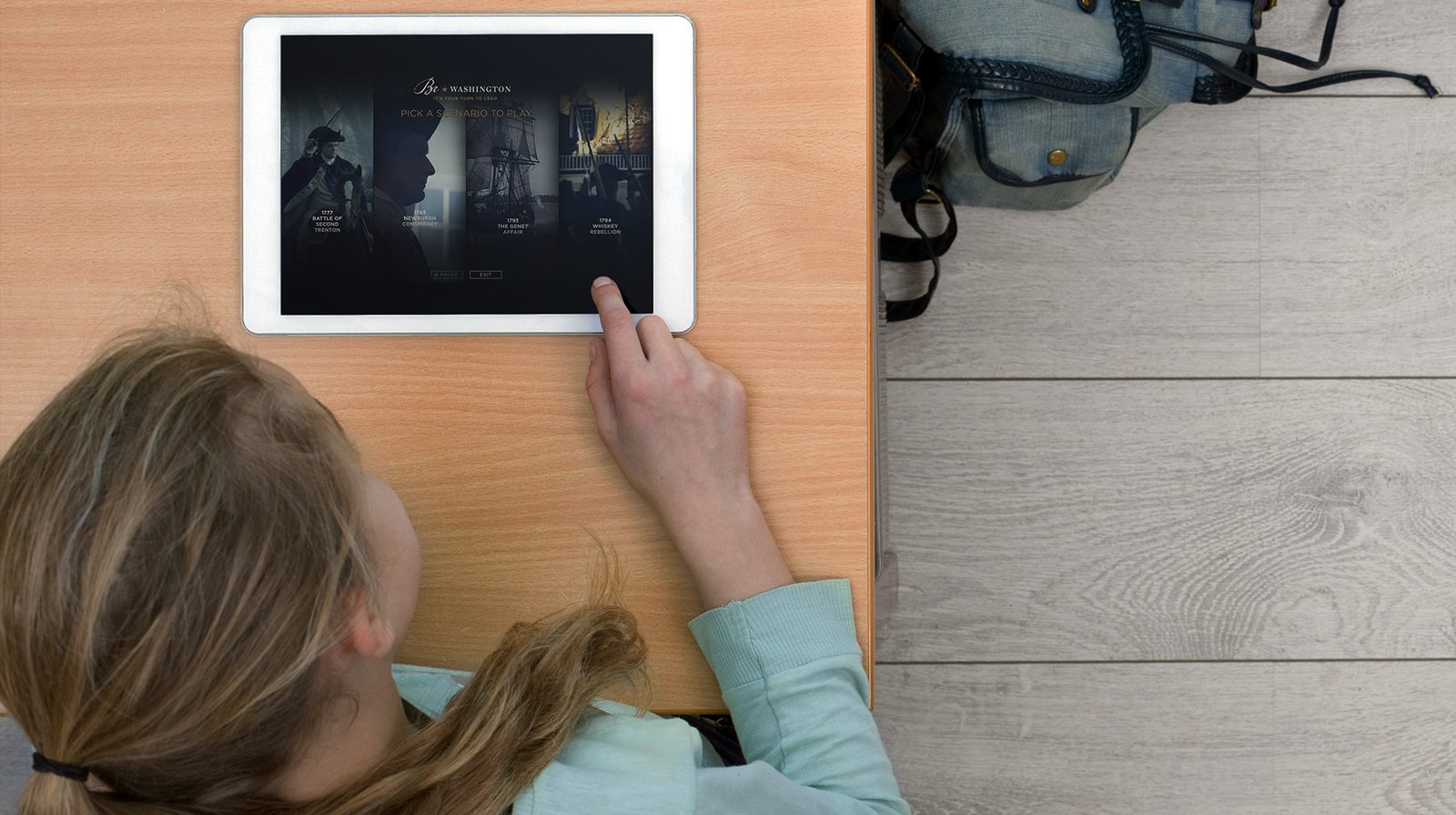A student picking a scenario on an iPad version of Be Washington