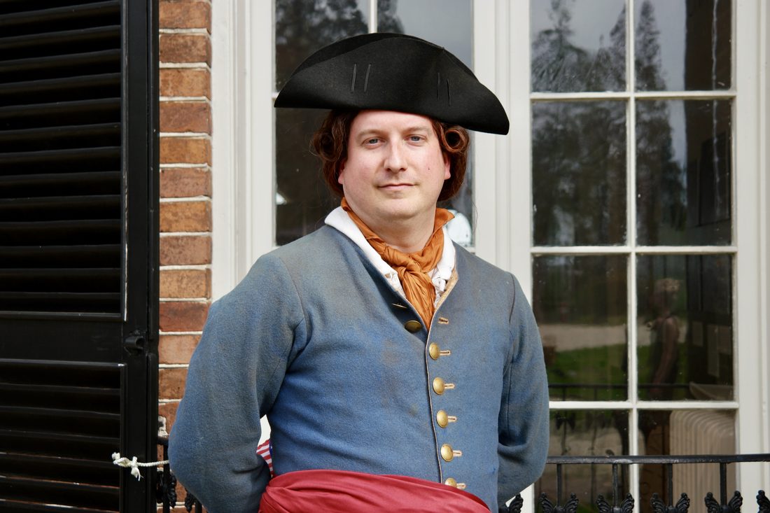 On set for Be Washington — an actor in George Washington costume during filming