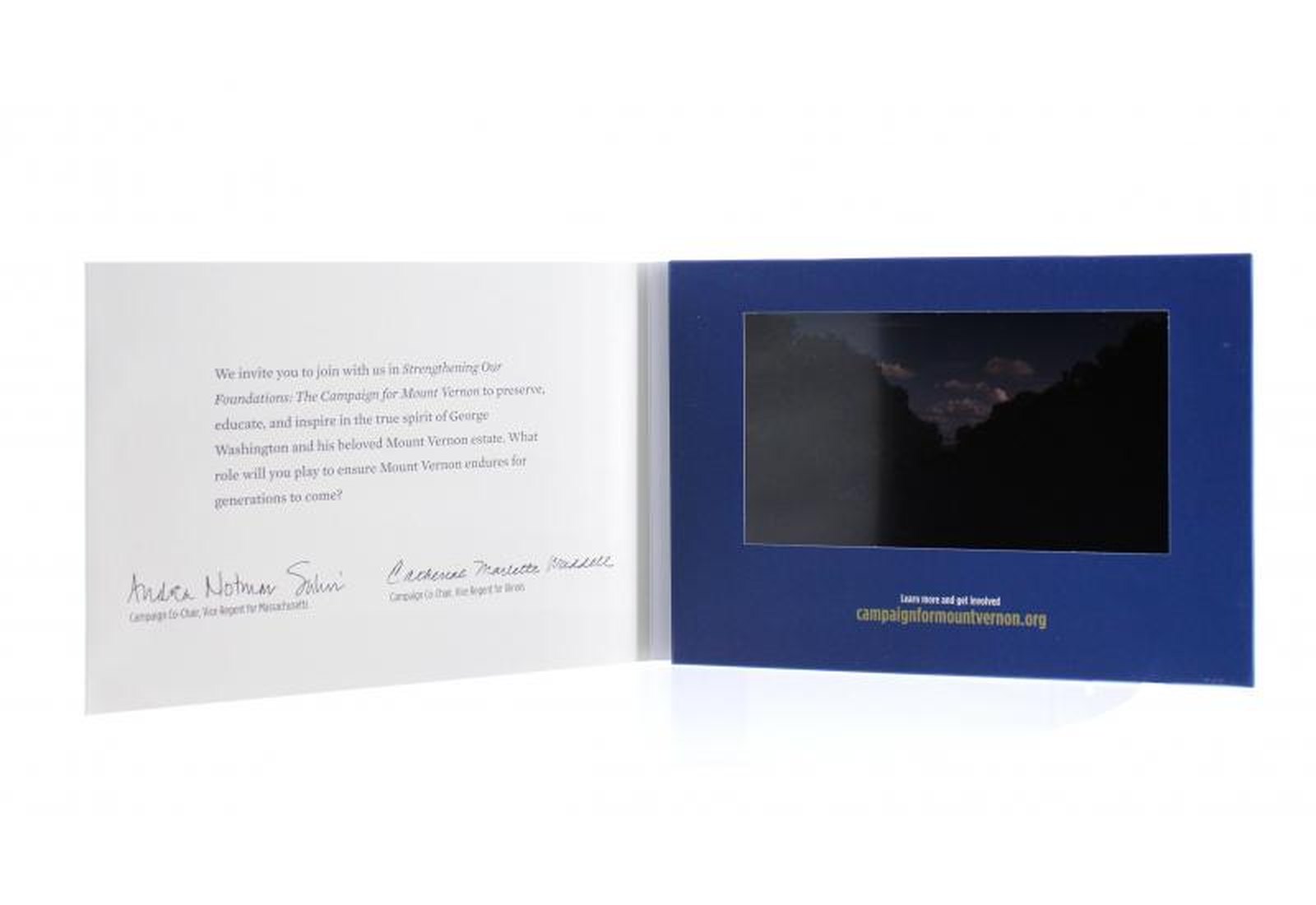 Red Paper Plane 7-inch HD video brochure for Mount Vernon's 250th capital campaign — printed leave-behind with an embedded screen that auto-plays the campaign film when opened