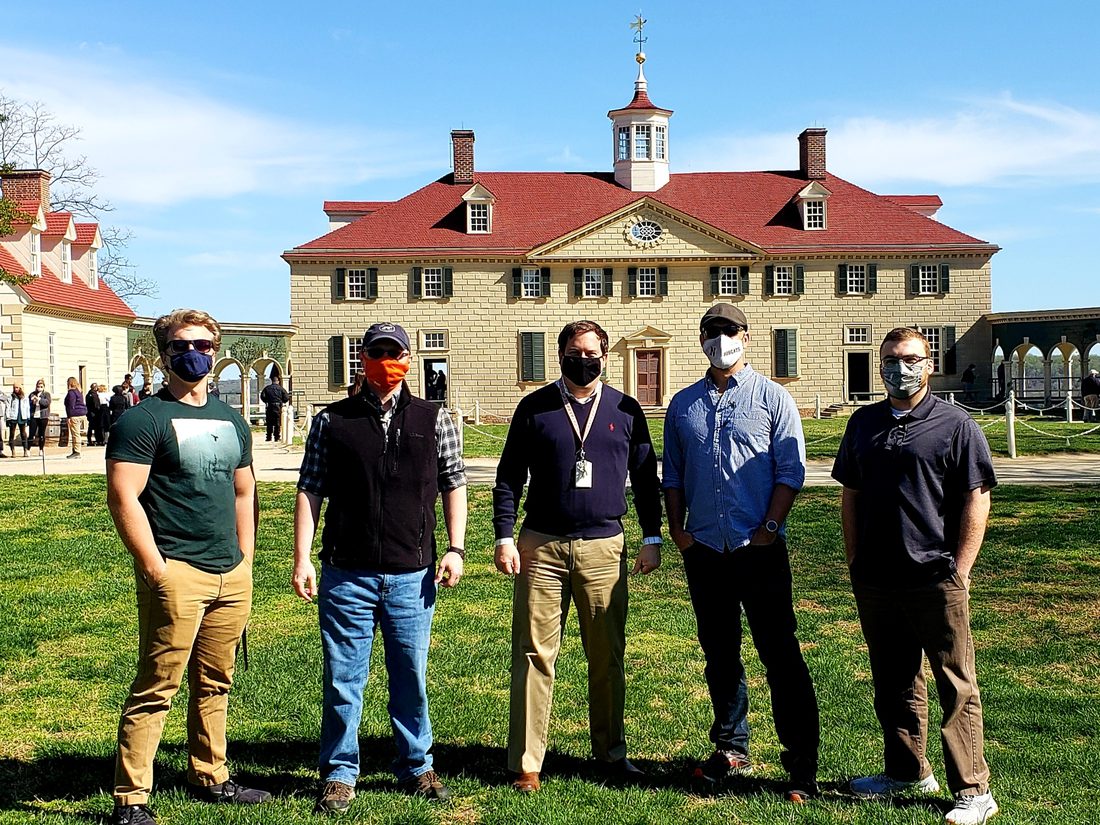 Filming the Lessons on the Road education series on the Mount Vernon grounds with the Mansion behind