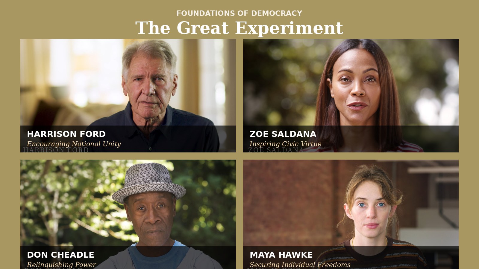 The Great Experiment — Foundations of Democracy with Harrison Ford, Zoe Saldana, Don Cheadle, and Maya Hawke