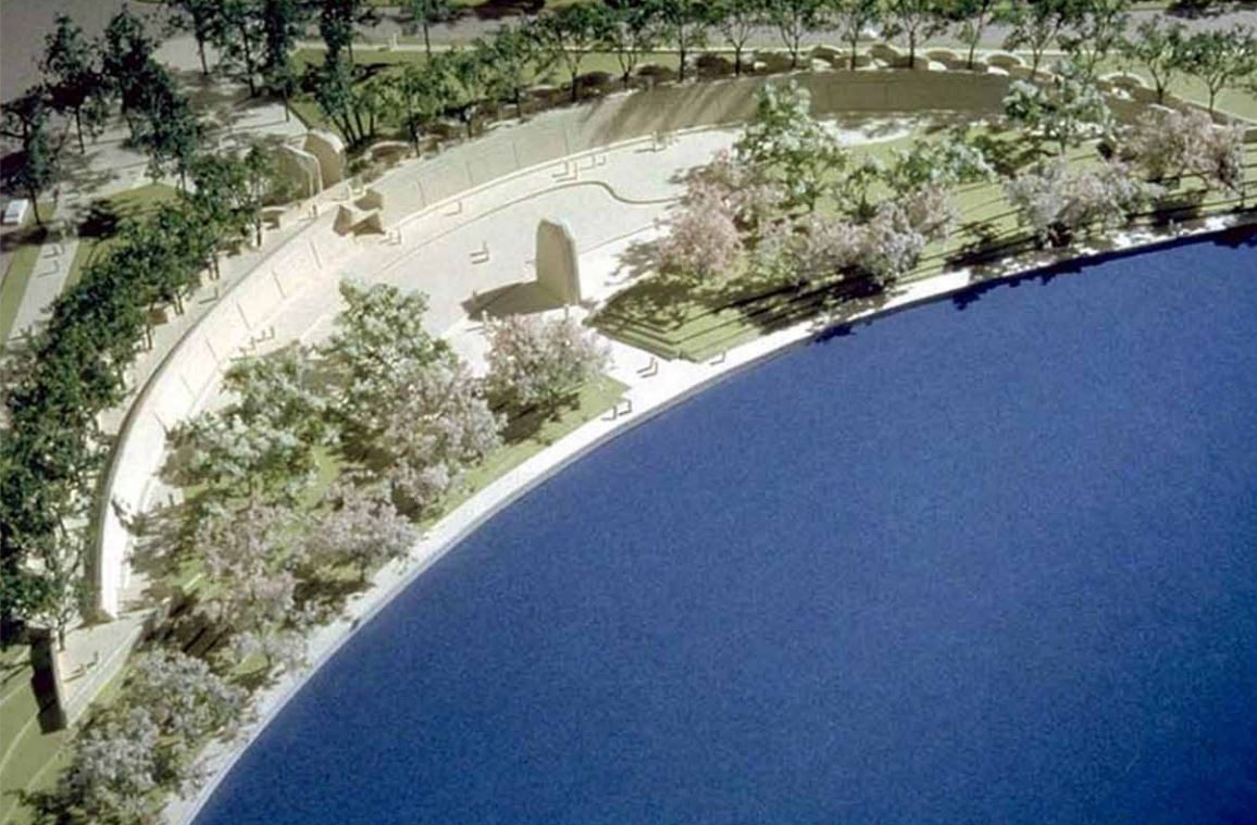 ROMA Design Group&rsquo;s artist rendering of the Martin Luther King, Jr. Memorial, showing the Stone of Hope emerging from the Mountain of Despair and the curved wall of inscriptions around the Tidal Basin