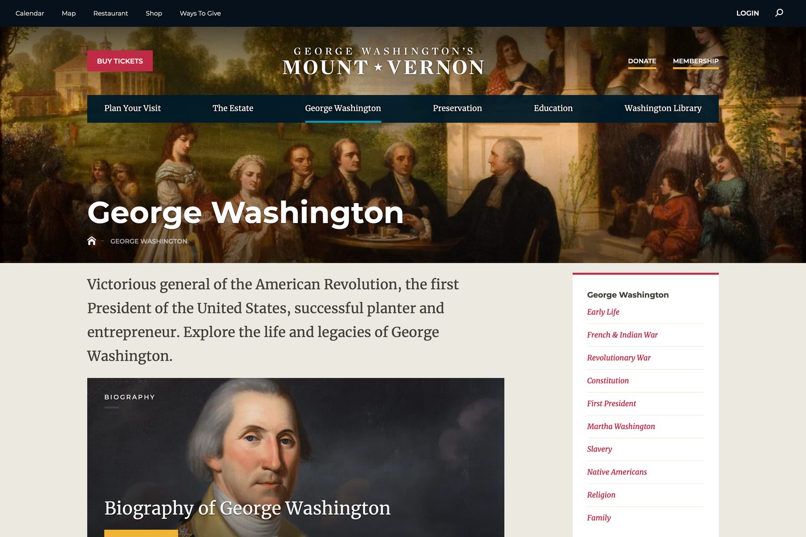 George Washington biography landing page on MountVernon.org