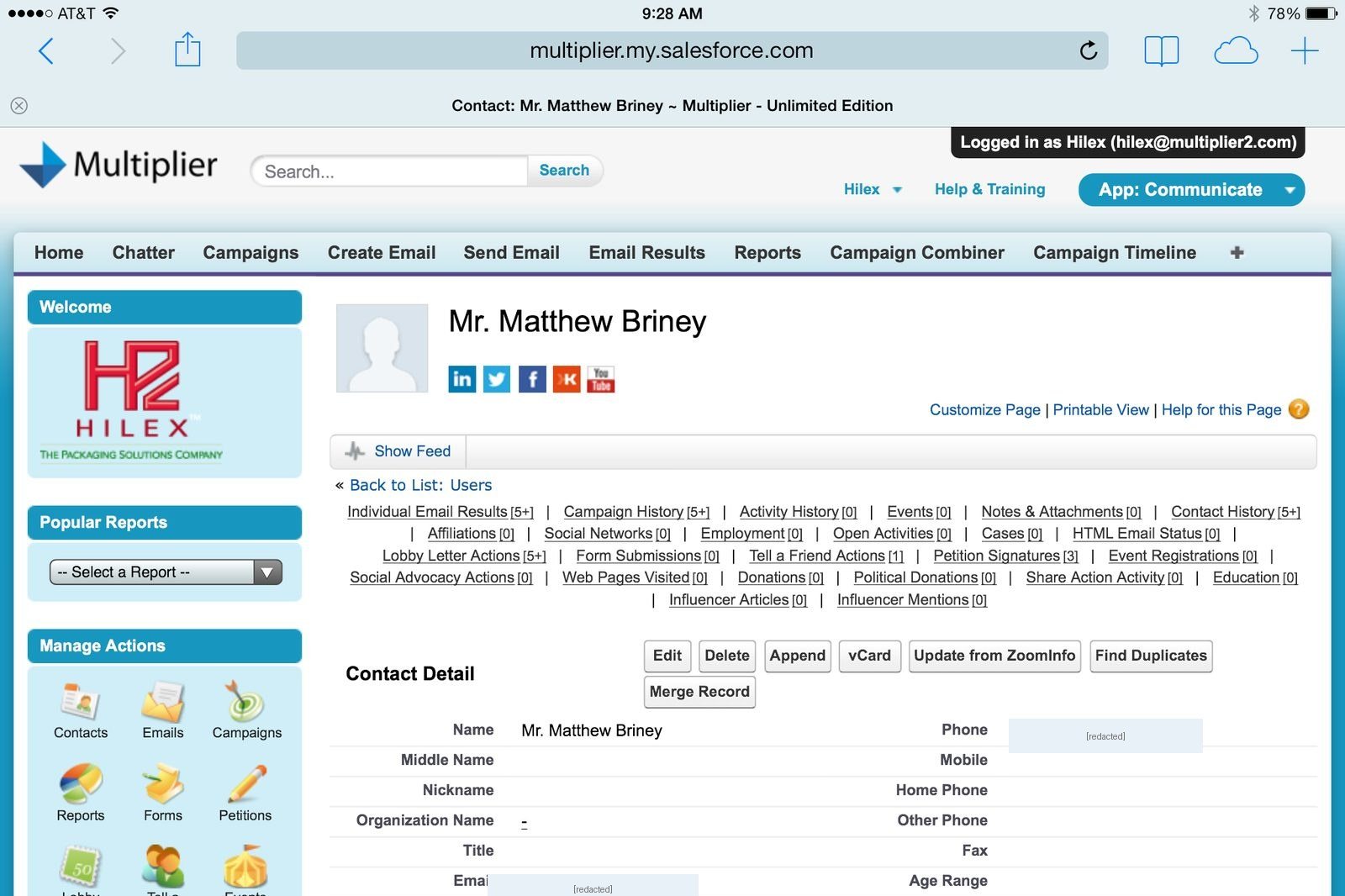 A contact record in Multiplier, showing the activity navigation strip and the start of the contact detail view — click to scroll the full record