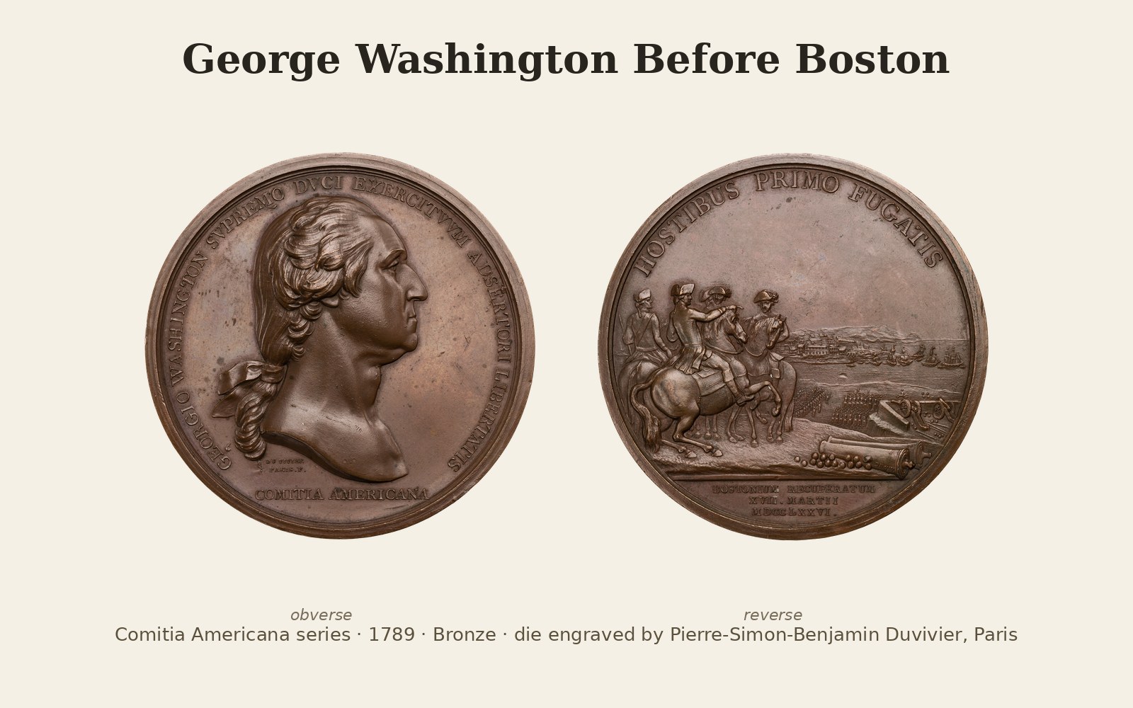 Obverse and reverse of the George Washington Before Boston medal, 1789 bronze striking