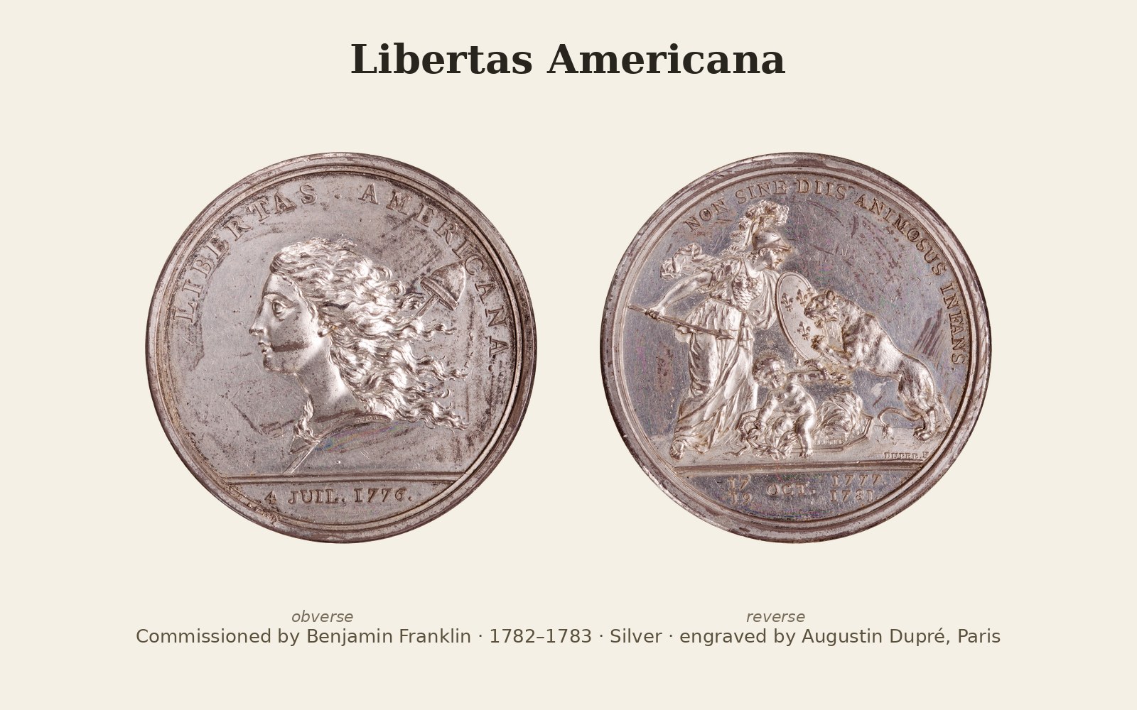 Obverse and reverse of the Libertas Americana medal, silver striking by Augustin Dupré