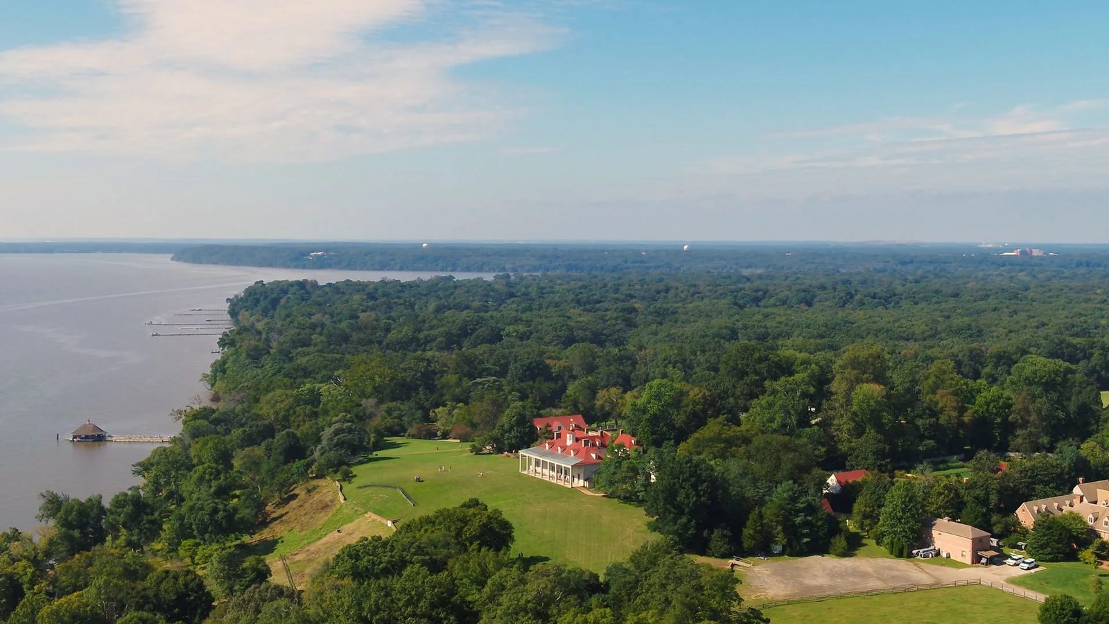 Aerial view of Mount Vernon, the Potomac River, and the surrounding landscape