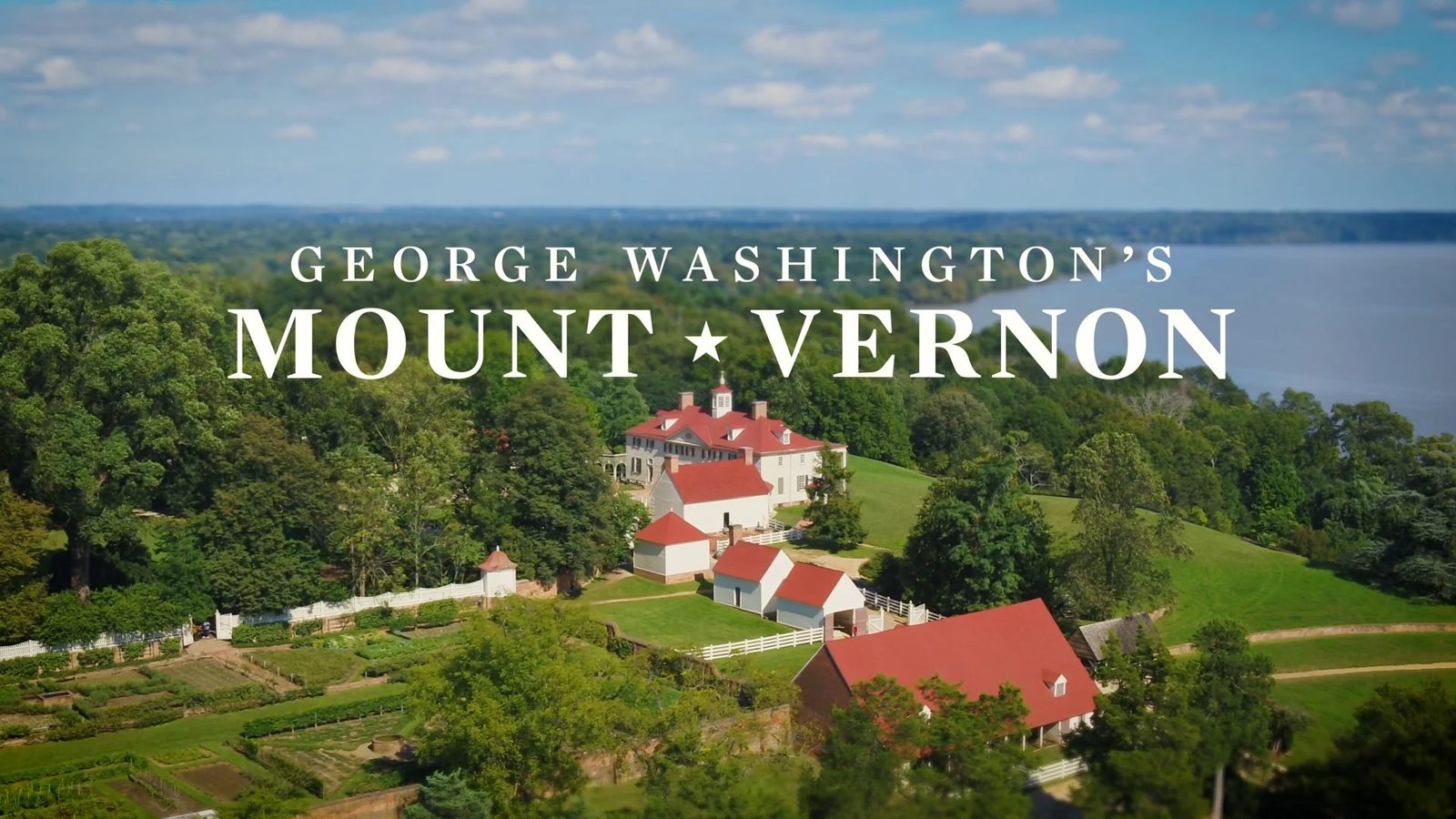 Aerial of Mount Vernon from the orientation film with title overlay
