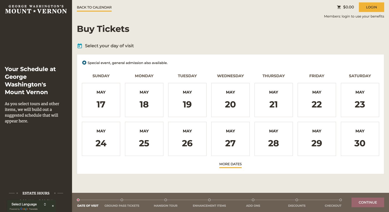 Step 1 of the Plan Your Day workflow — a calendar UI for selecting the date of visit, with the Mansion tour timed-entry availability shown alongside