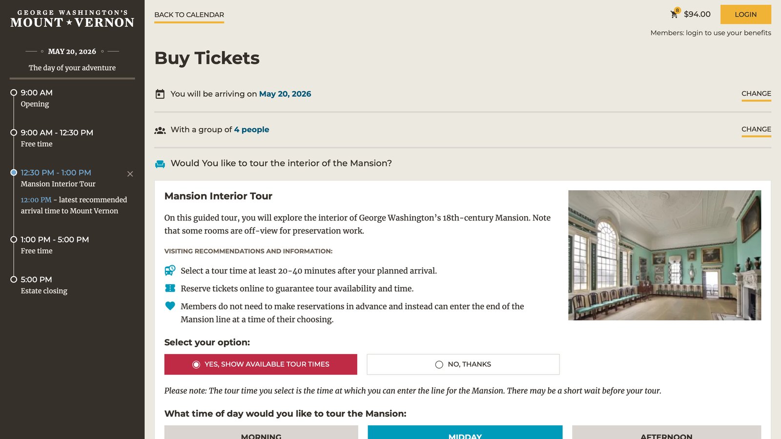 Step 3 — the Mansion tour timed-entry selector, with available 15-minute time slots through the day