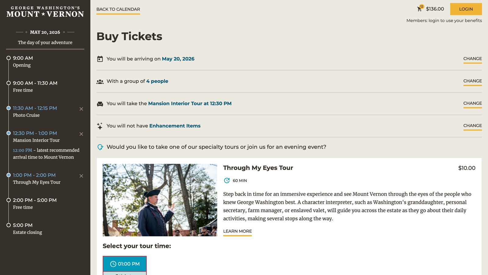 Step 4 — the Add-Ons screen, showing specialty tour cards including the National Treasure tour, the Slave Life tour, and Behind the Scenes tours