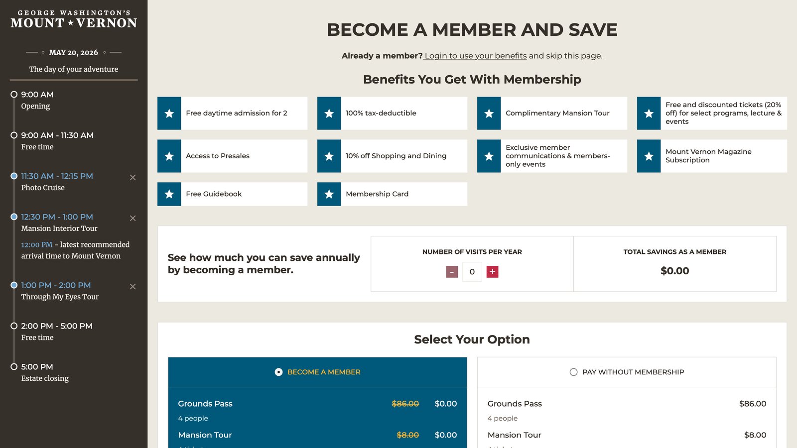 Add-on detail — an individual specialty tour with date/time selector and per-person pricing