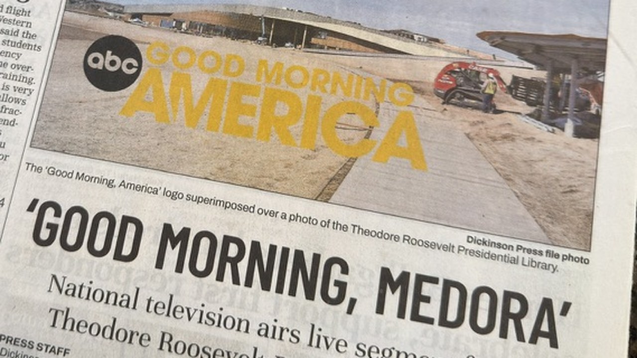 The Dickinson Press front page of April 15, 2026, headlined Good Morning, Medora, reporting that national television aired a live segment from the Library