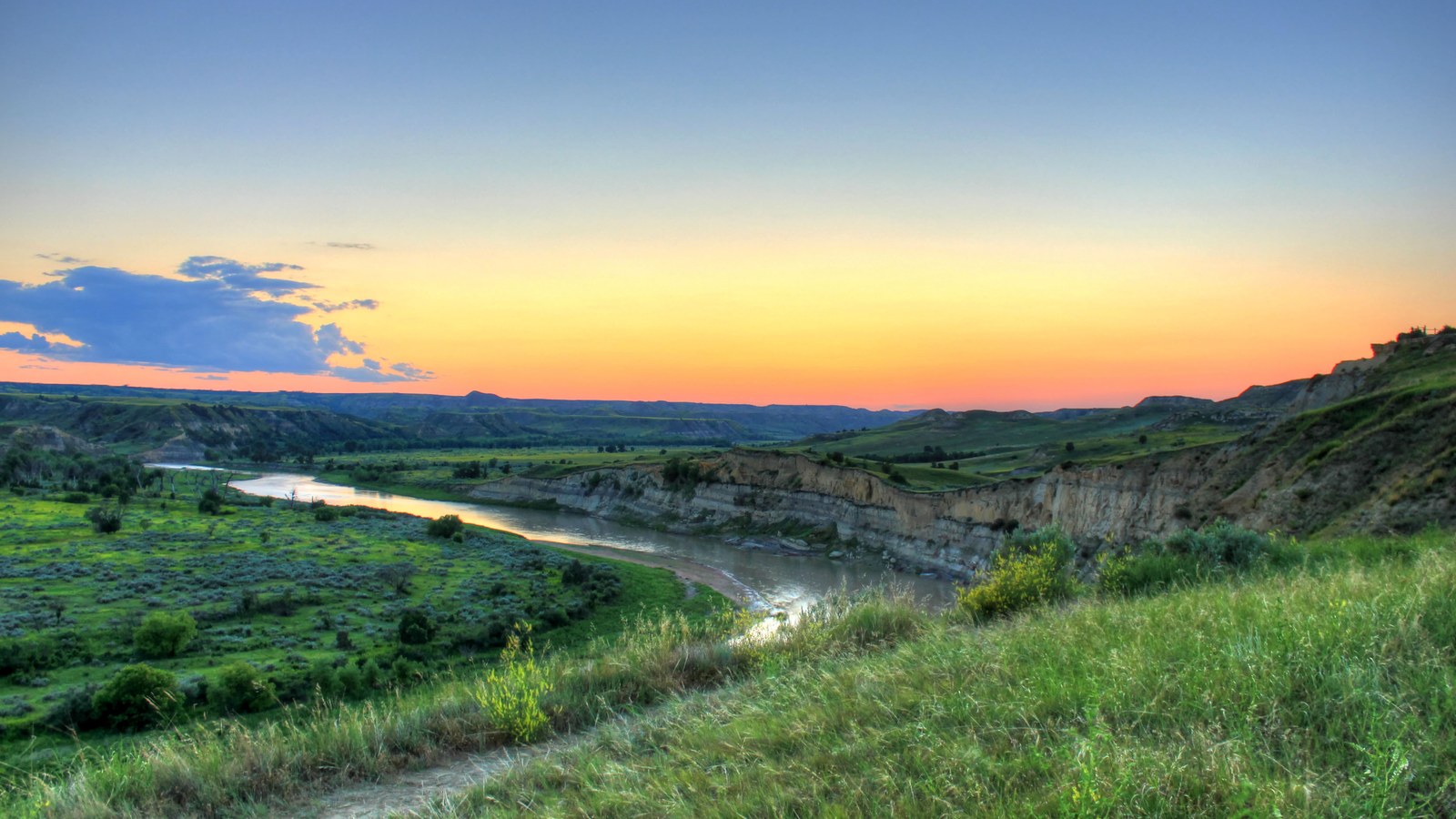 Dusk over the river valley in the North Dakota Badlands
