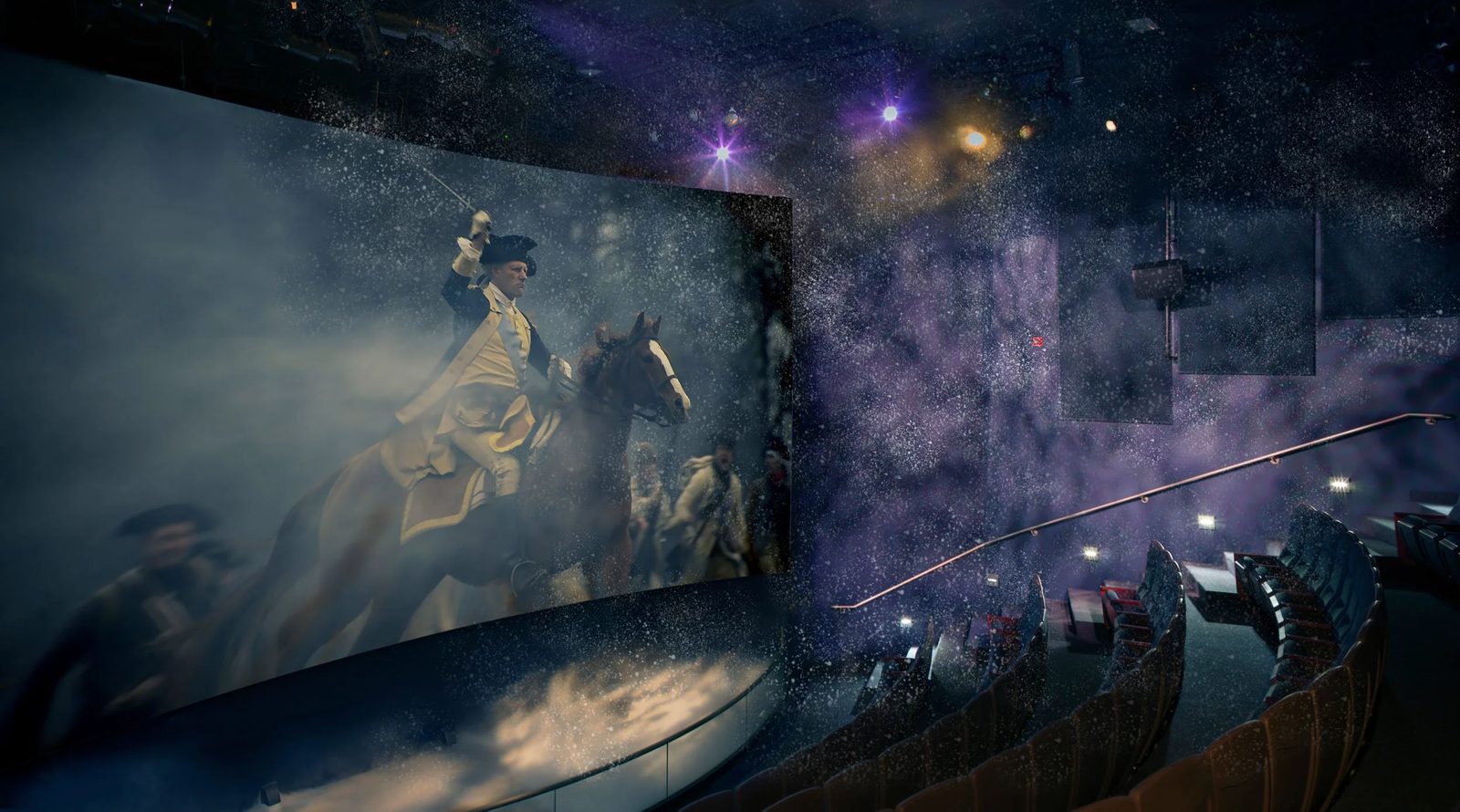 Panoramic view of the Revolutionary War 4D Theater interior with snow falling