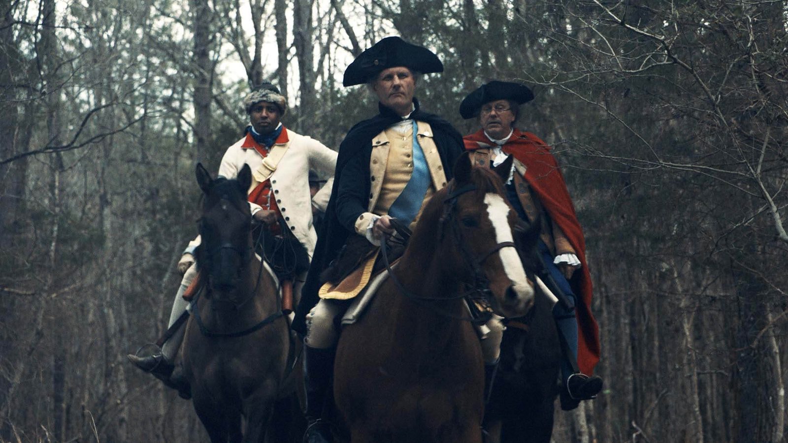 Film still from Washington's War showing reenactors in the field
