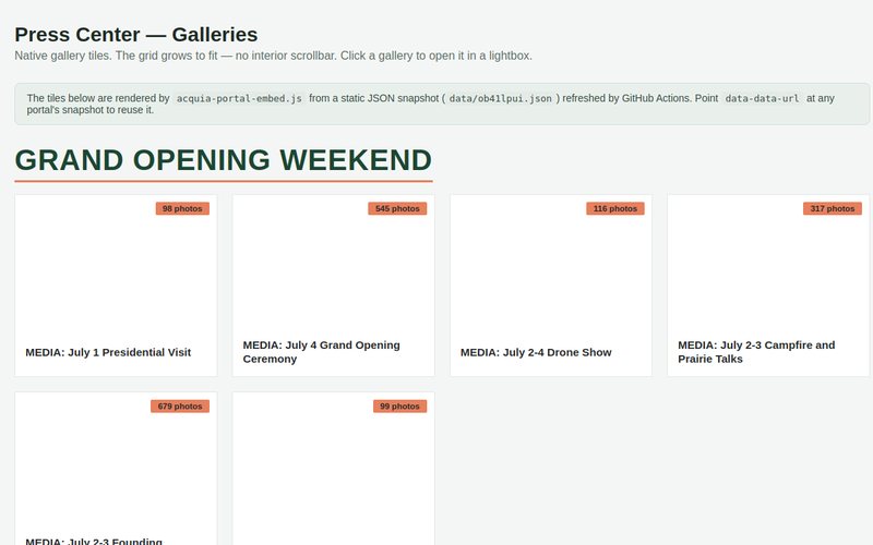 A press portal rendered as native gallery tiles