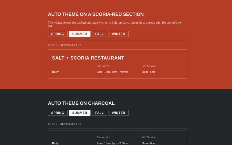 The hours embed shown in light and dark themes