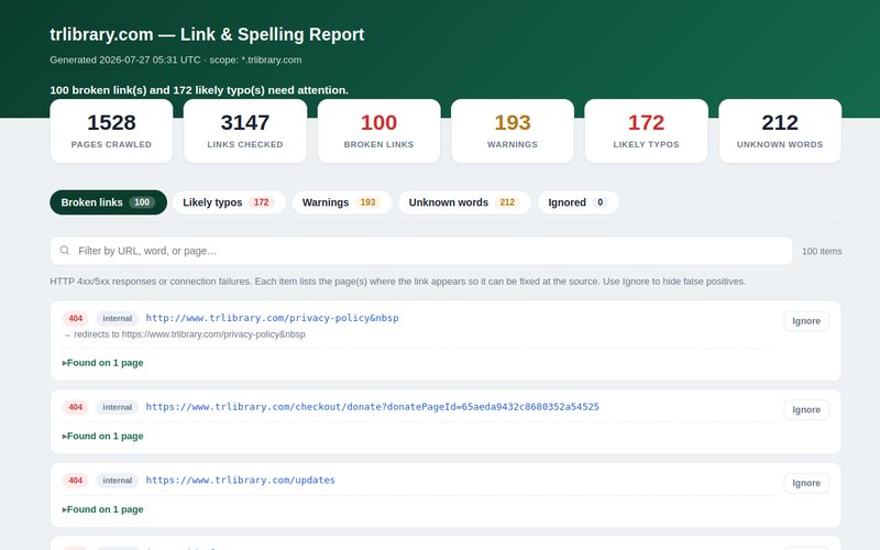 The link and spelling report dashboard showing pages crawled and issues found
