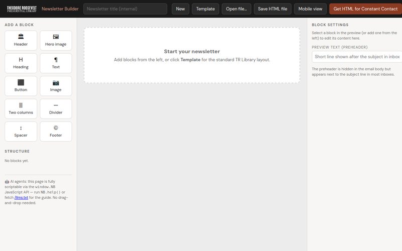 The newsletter builder with its block palette and live preview