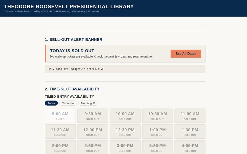 Sell-out alert banner and timed-entry availability grid