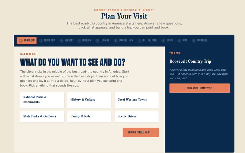 The Trip Planner wizard asking what a visitor wants to see and do